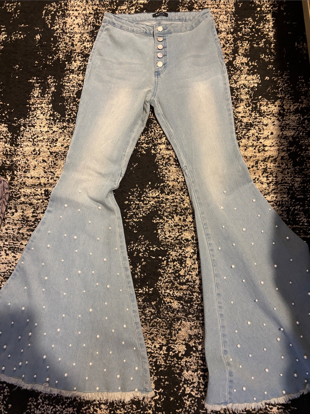 Light Blue Pearl-Embellished Flared Jeans